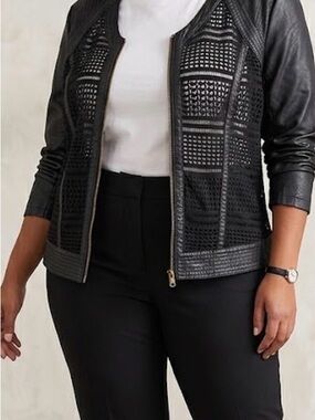 Ashley Stewart Black Perforated Faux-Leather Bomber Jacket